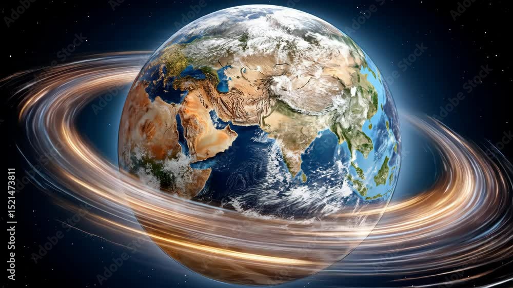 Poster earth with a glowing ring of light demonstrating global data flow. digital telecommunication and fas