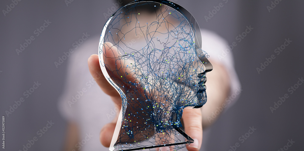 Poster abstract image of a hand holding a digital head representing ai, neural networks, and human intellig