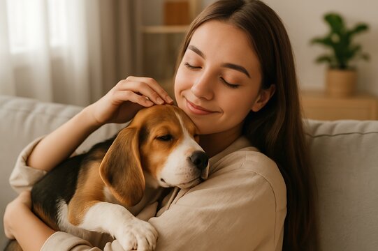 Woman Gently Holding Beagle Puppy: A Moment of Calm and Connection
