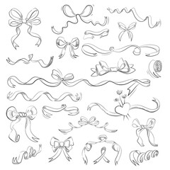 Handgezeichnete Schleifen und Bänder in Schwarzweiß. Vektordatei.