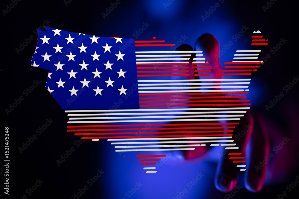 Poster abstract image of usa map and flag, digital technology concept. perfect for patriotic themes.