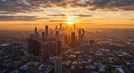 Obraz premium Golden Hour Skyline Aerial View of Cityscape at Sunset
