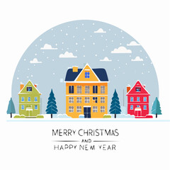 Naklejka premium Vector illustration in trendy flat simple style - Merry Christmas and Happy New Year greeting card and banner - winter landscape with houses and christmas .