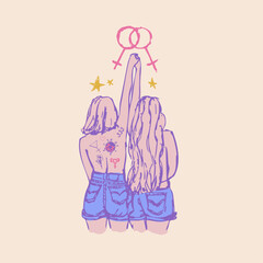 Hand-drawn lesbian and sapphic illustrations featuring women in tender, romantic poses. Soft pastel colors, delicate line art, and elegant compositions perfect for LGBTQ+ projects, branding, and creat