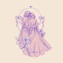 Hand-drawn lesbian and sapphic illustrations featuring women in tender, romantic poses. Soft pastel colors, delicate line art, and elegant compositions perfect for LGBTQ+ projects, branding, and creat