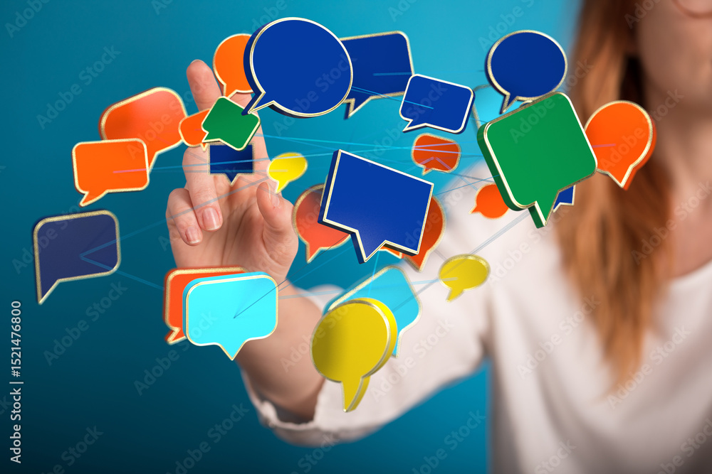 Poster image of a woman interacting with a network of colorful speech bubbles, symbolizing communication an