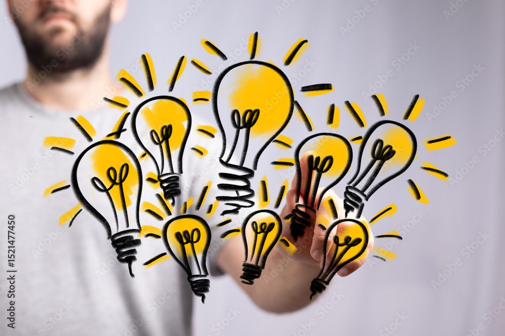 Poster Image of a man visualizing multiple lightbulb ideas. Perfect for innovation, creativity, and brainstorming concepts.