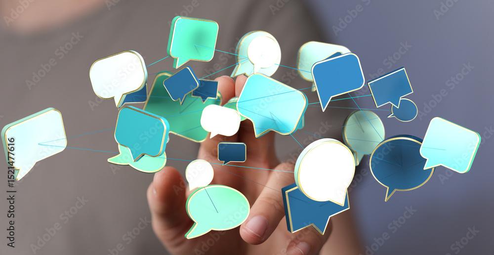 Poster abstract image of interconnected speech bubbles, symbolizing global communication and networking.