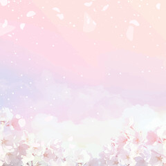 Full bloom sakura and pink skies vector design background. Spring fairytale backdrop. Pink japanese cherry blossom. Watercolor style texture. Delicate card. Elegant decoration. Fantasy pastel color