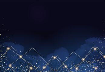 Magic night dark blue sky with sparkling stars. Gold glitter powder splash vector background. Golden scattered dust. Midnight milky way. Navy classic blue color. Christmas winter texture with clouds.