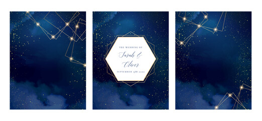 Magic night dark blue frames with sparkling glitter bokeh and light art. Square vector wedding cards. Gold confetti and navy backgrounds. Golden scattered Christmas dust. Fairytale magic star template