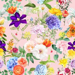 Summer garden floral print with leaves and flowers. Spring tulips, hydrangea, ranunculus, hyacinth, daffodil and plants. Botanical pattern design. Seamless vector colorful pattern. On pink background