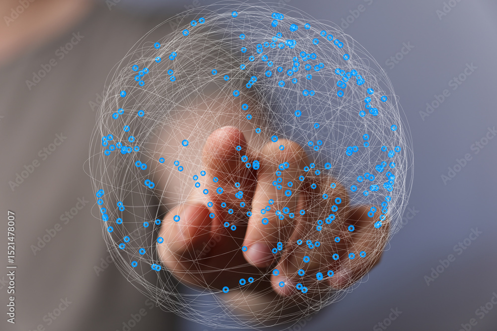 Poster Abstract image of a hand interacting with a digital sphere representing global network connections and data.