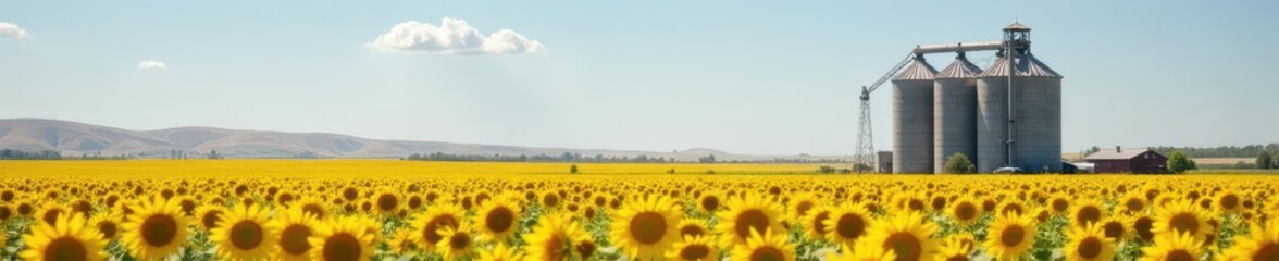 Obraz premium Giant grain silos stand tall amidst a vast, golden sunflower field , countryside view, golden