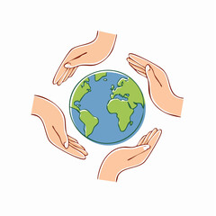 Vector illustration in flat linear minimal hand drawn simple style and logo design template - hands and planet earth - ecology concept