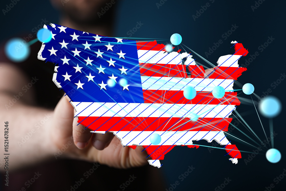 Poster Digital map of the USA, highlighting national network connectivity and data flow.