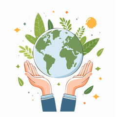 Vector illustration in flat linear minimal hand drawn simple style and logo design template - hands and planet earth - ecology concept