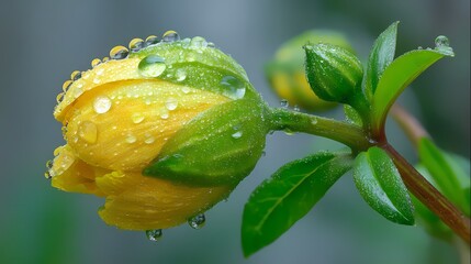 Close-Up View of Yellow Flower Bud with Fresh Dew Drops