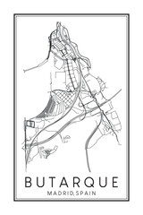 Hand drawn printable downtown road map poster of borough BUTARQUE of the Spanish city of MADRID on solid white background with city name