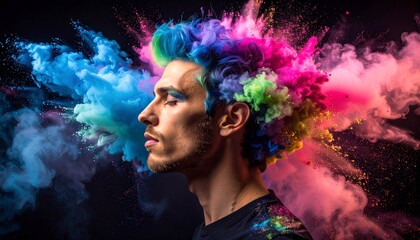 Profile Portrait of Male Figure with Cobalt Blue, Lime Green, and Pink Hair and Metallic Lips