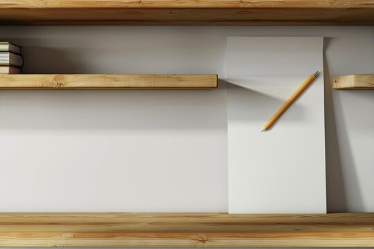 Vibrant Image of a Collection of Wooden Shelves with a Pencil and a Blank Sheet of Paper