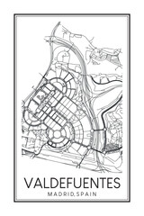 Hand drawn printable downtown road map poster of borough VALDEFUENTES of the Spanish city of MADRID on solid white background with city name