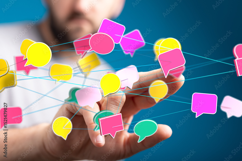 Poster image of interconnected speech bubbles, symbolizing global communication and networking.