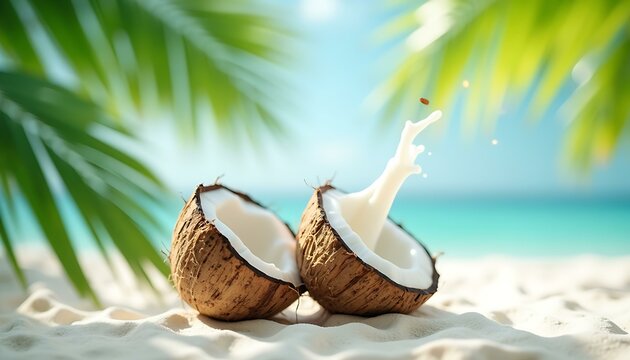 Refreshing Coconut Milk Splashes on Tropical Beach