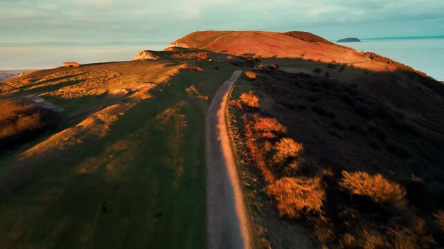 Drone shot at Brean Down, Burnham-On-Sea, UK at sunrise.