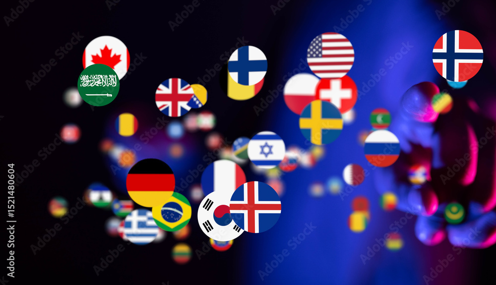 Poster Abstract image of many national flags floating, representing global connections and international relations.