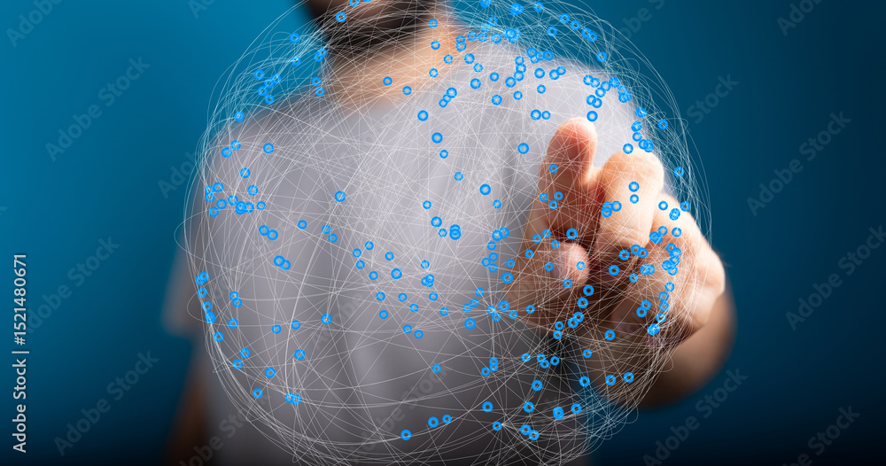 Poster person's hand interacts with a digital sphere representing global network connections. modern techno