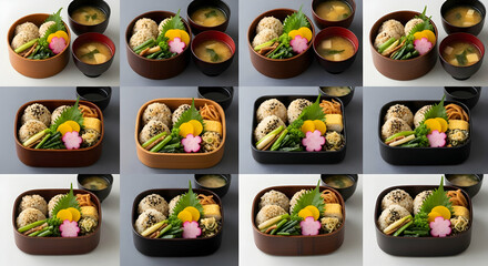 Variety Of Traditional Japanese Bento Boxes with Miso Soup