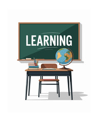 Classroom desk with blackboard globe and books learning concept illustration
