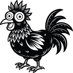 Hilarious Cartoon Chicken with Startled Expression – Black and White Vector Illustration
