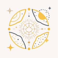 Vector set of linear icons and symbols - stars, moon, sun - abstract design elements for decoration or logo design templates in modern minimalist style
