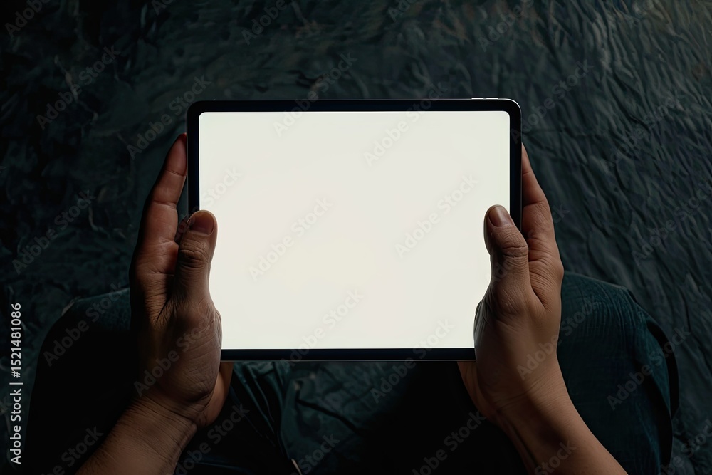 Poster vibrant color visual of closeup hands holding tablet with empty screen