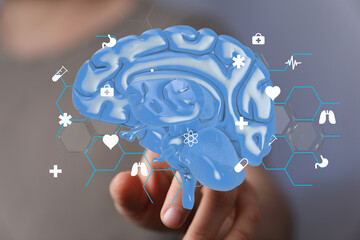 3D model of human brain with medical icons.  Concept of neurology, health, and innovation.