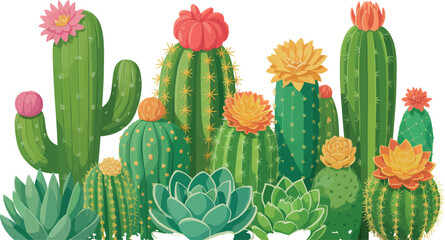 Vibrant collection of diverse cactus and succulent plants with beautiful blooming flowers. © M Rana