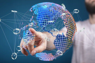 Interactive digital globe showcasing global network connections and data exchange.