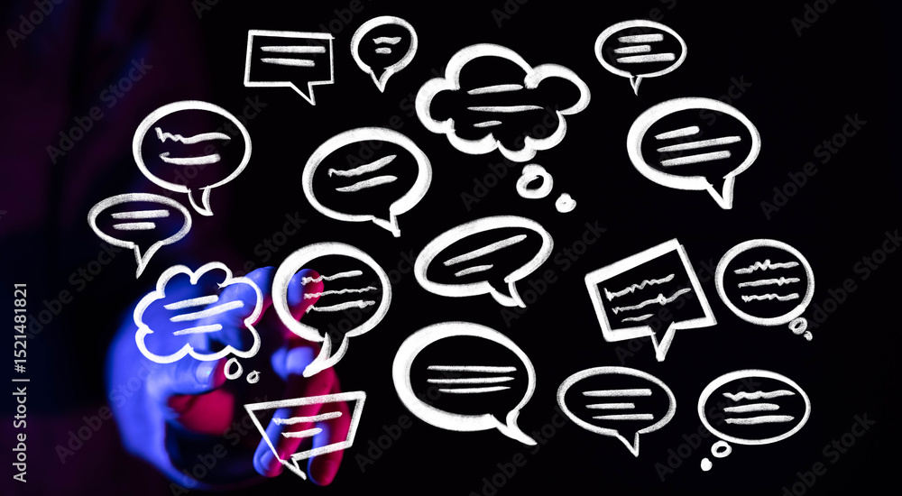 Aufkleber abstract image of hand interacting with digital speech bubbles, representing communication, networki