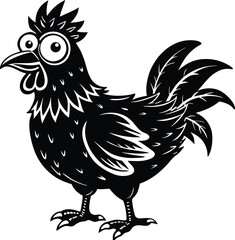 Hilarious Cartoon Chicken with Startled Expression – Black and White Vector Illustration
