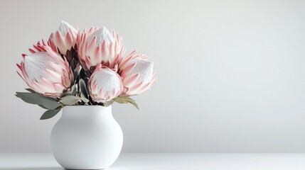 Simple white vase with blush pink and white proteas bouquet against minimalist off-white background creating a serene and elegant atmosphere indoors