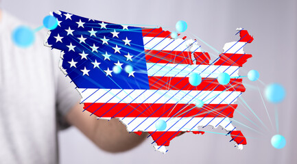 Digital illustration of interconnected US states. Network, technology, and connectivity concept.