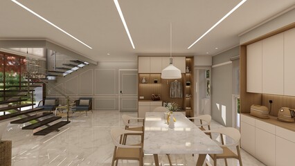 Contemporary Dining Area with floating staircase wood and Marble finishes