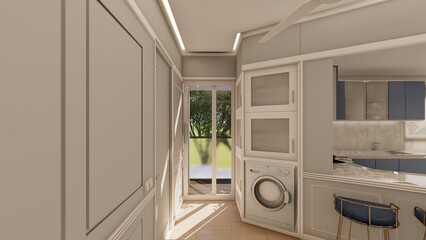 Compact kitchen utility corridor with veranda access in soft neutral tones