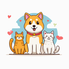 Funny pets, dogs and cats, vector illustration in trendy flat simple linear style, funny mascot and cartoon character, friendly sticker and badge for advertising, social