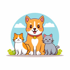 Funny pets, dogs and cats, vector illustration in trendy flat simple linear style, funny mascot and cartoon character, friendly sticker and badge for advertising, social