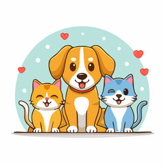 Funny pets, dogs and cats, vector illustration in trendy flat simple linear style, funny mascot and cartoon character, friendly sticker and badge for advertising, social
