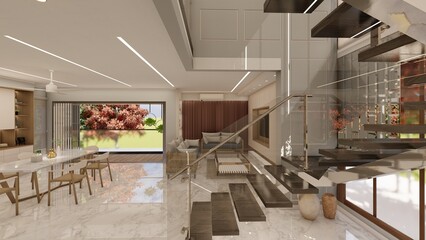 Contemporary Open-Plan Interior with Floating Staircase and Cozy Lounge Area