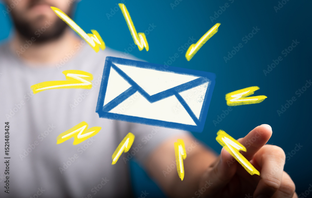 Poster image of a man interacting with a digital email icon, representing online communication and messagin